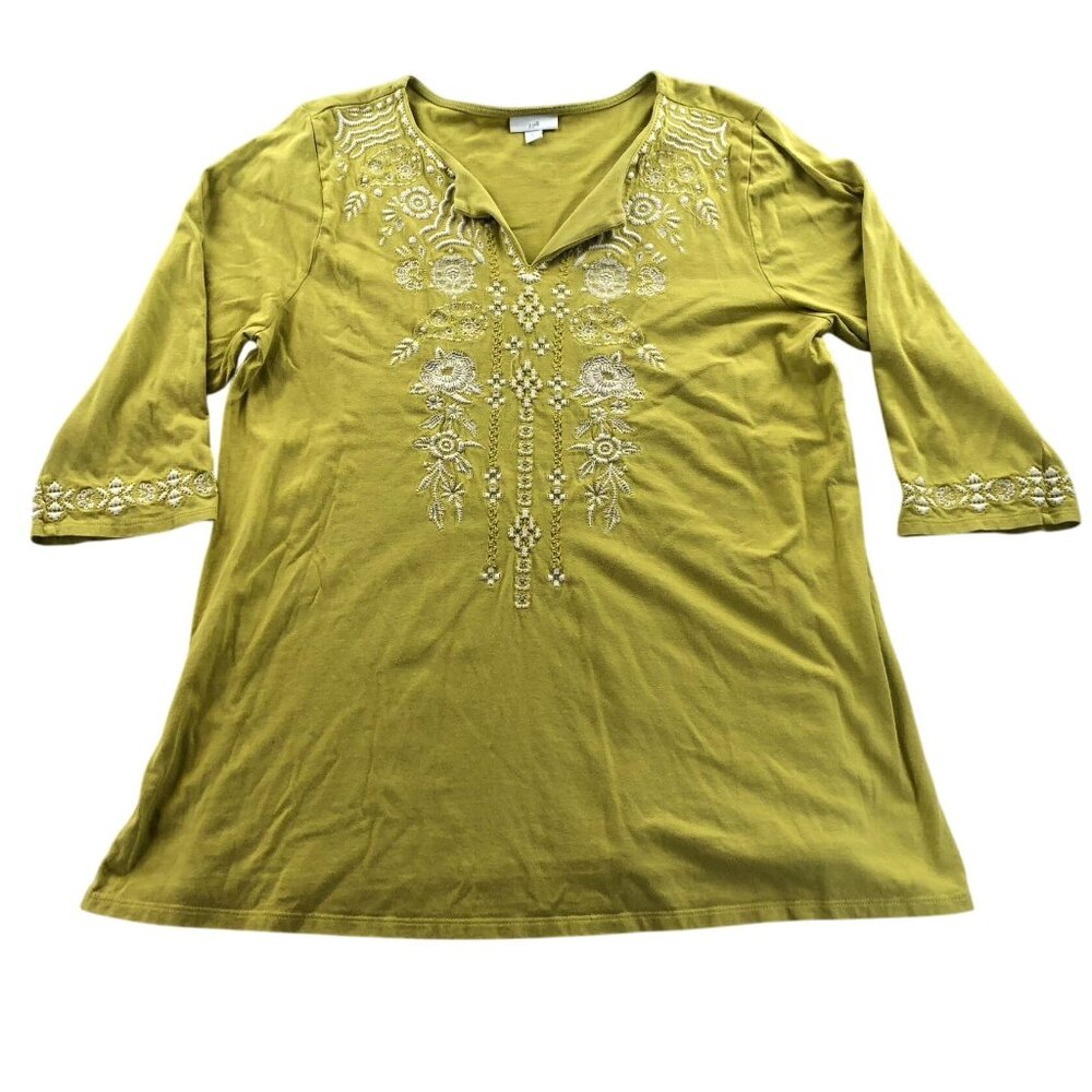 J. Jill Womens Tunic Blouse Top Large Green Embroidered Floral 3/4 Sleeve Boho